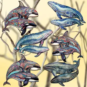 Designocracy 8090107C-S6 Christmas Decor Whale Clip-On Wooden Ornaments, 2x2x0.25 in, Set of 6, Festive Holiday Gift