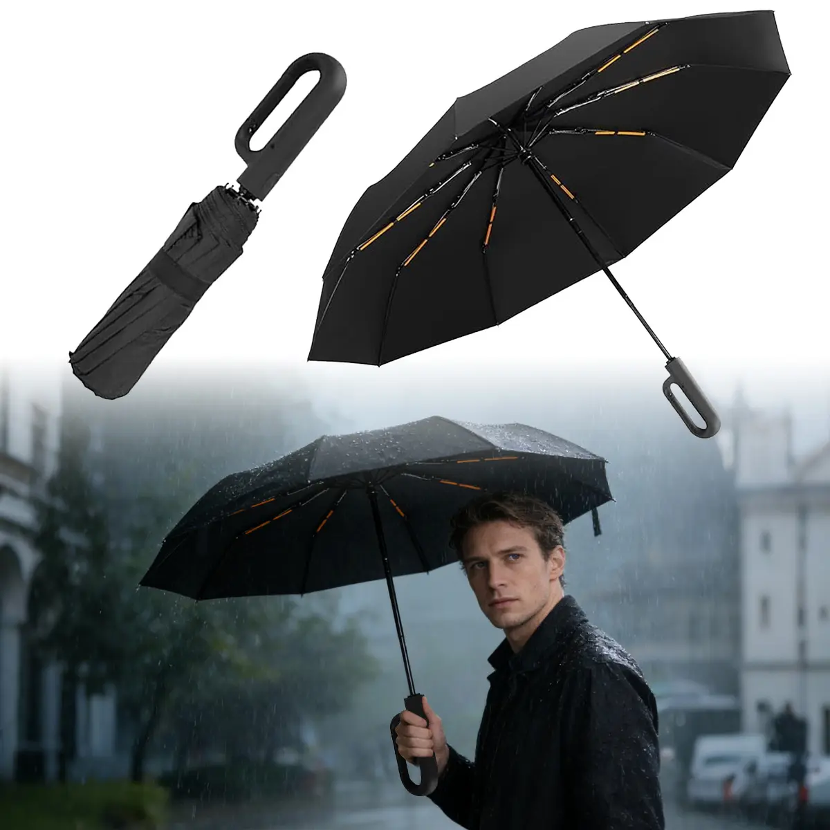 Folding & Inverted Umbrella, Outdoor Travel Umbrella, 46 Inch Portable Reverse Folding Umbrella，Windproof Folding Umbrella for Men and Women