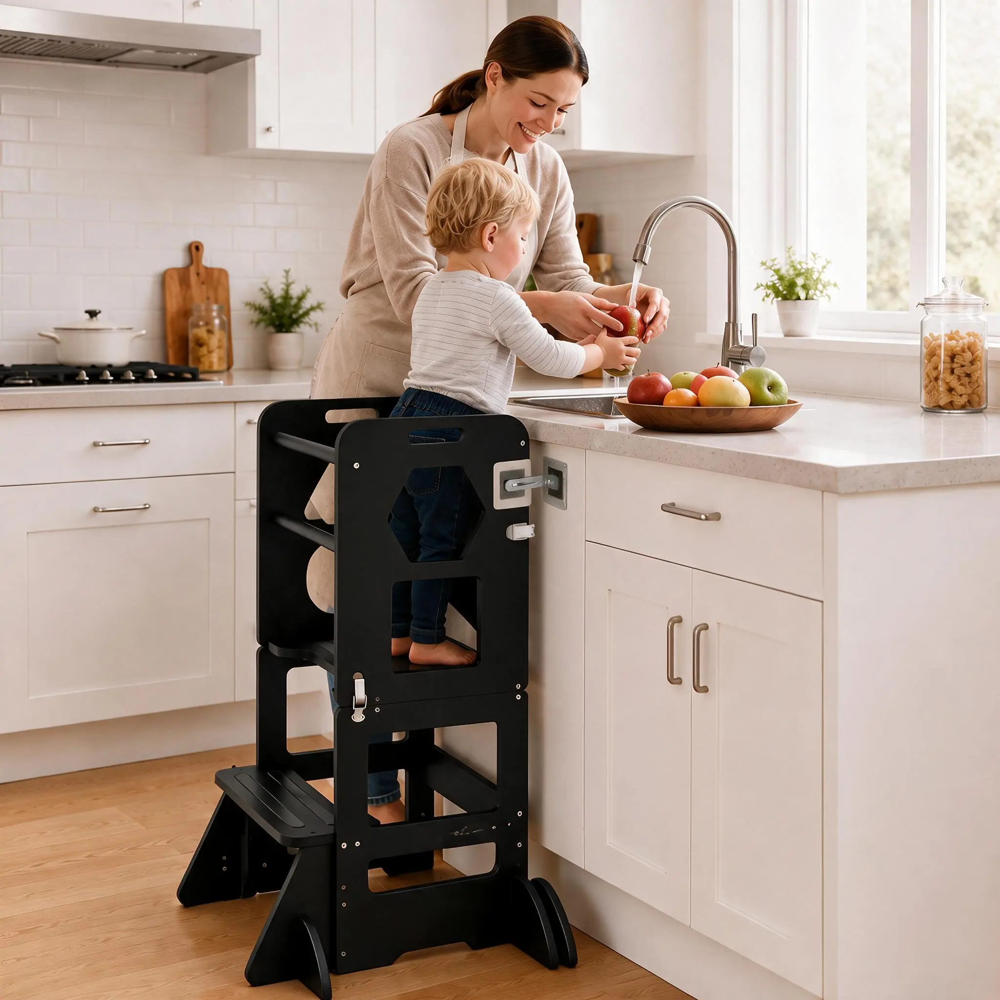 4-in-1 Black Tower Toddler Kitchen Step Stool - Foldable Learning Tower with Fixed Arms, Blackboard, MDF Children's Furniture Compatible with Toddler Table and Chair Set, Ideal for 1-3 Year Olds/18 Months to 3 Years, Perfect Gifts