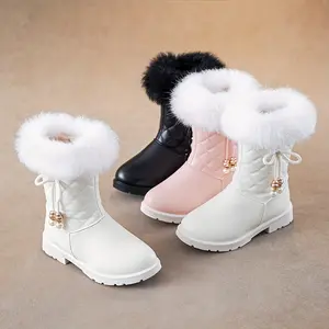 NewGirls' Winter Snow Boots 2025 New Mid-Calf Quilted Design with Faux Fur Trim & Bow Charm - Thickened Warm PU Upper, Slip-Resistant Rubber Sole, Zipper Closure for Outdoor Hiking, Casual & Parties (Black/Pink/White), Snow Boots for Girls, Party Footwear