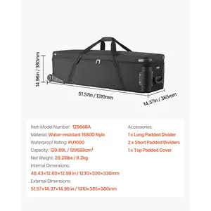 VEVOR Studio Equipment Trolley Case, 51.57x 14.37x 14.96 in/ 131x 36.5x 38 cm, Rolling Camera Bag, Carrying Bag with Wheels Straps Padded Compartment Handle, for Light Stands, Tripods, Telescopes