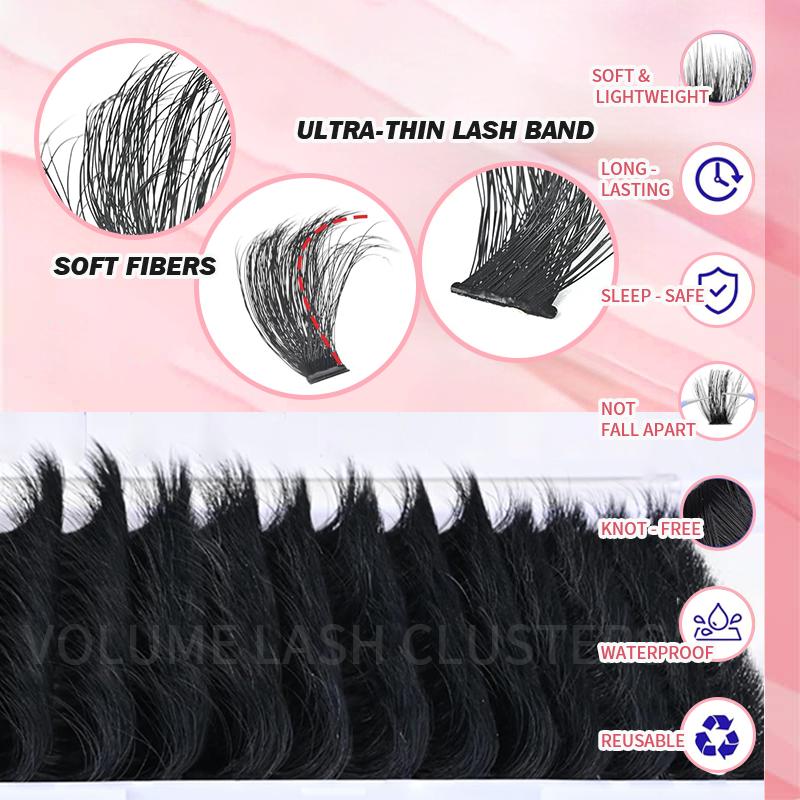 16-25mm Fluffy Lash Clusters 300D High-Density Soft D-Curl Individual Mega Volume Lashes for Beginners Makeup Lightweight Plant Fiber Easy Application