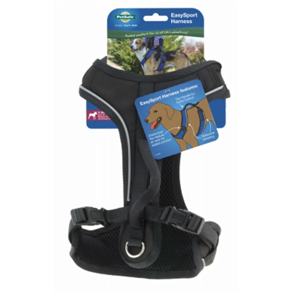 Radio Systems Dog Easysport Adjustable Harness - Extra Small, Black, 2 Adjustment Points, 2 Quick Snap Buckles, Elasticized Neck Straps, Reflective, Padded Handle, Top Leash Attachment for Optimal Fit