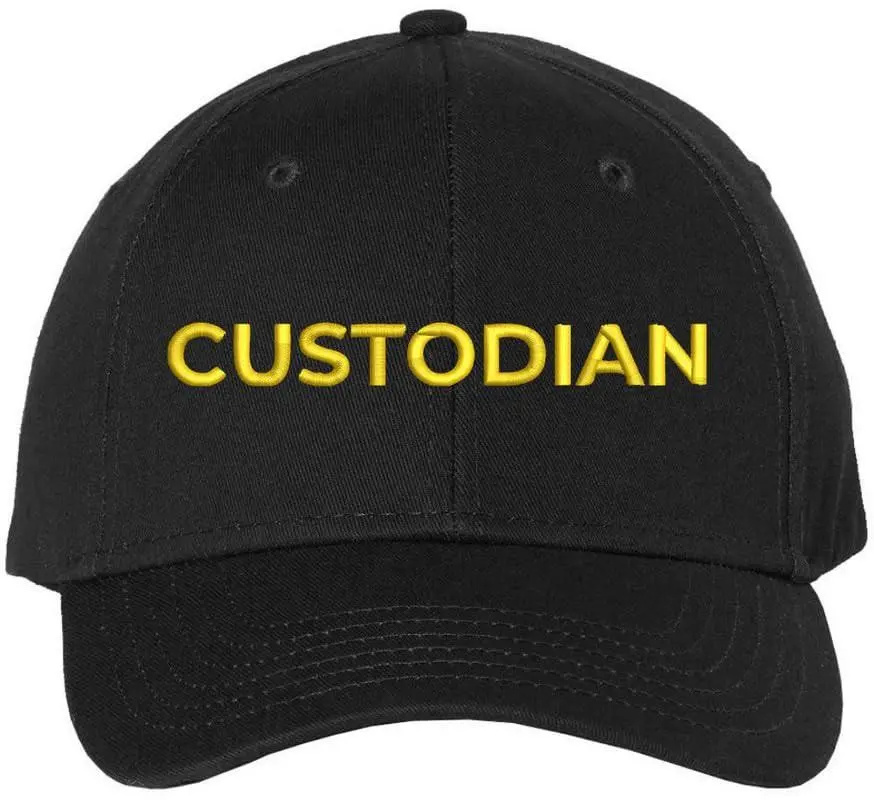 Structured Custodian Work Wear Baseball Cap - Text Embroidered Fitted Hat for Custodians, Commercial Facilities Use, Unisex for Schools Cleaning Crew Maintenance Jobs, Fitted Hats, Text Embroidery, Embroidered Text Hats