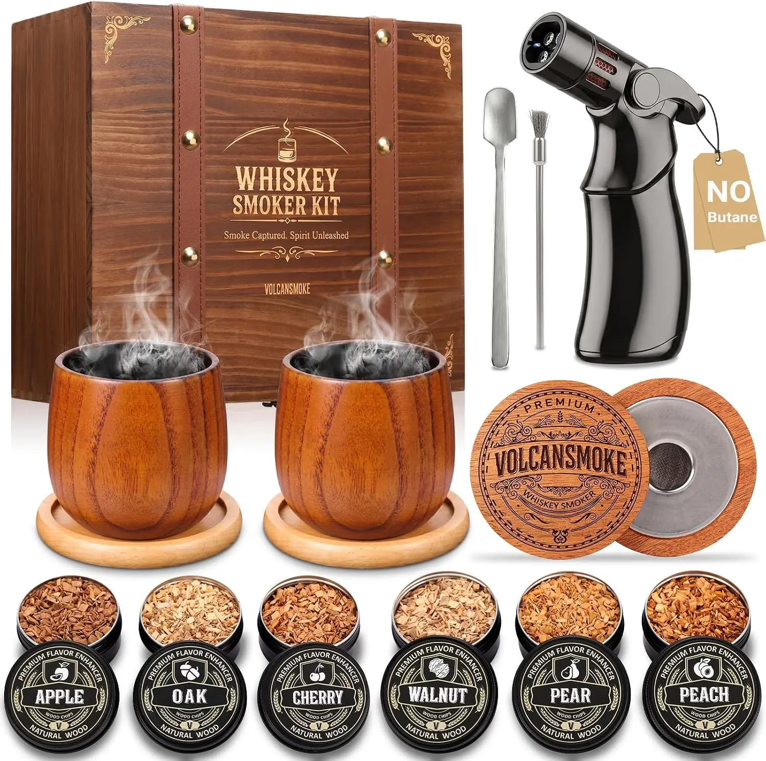 Stainless Steel No-Butane Whiskey Smoker Kit with Torch, Old Fashioned Cocktail Smoker, Bourbon Glasses, 6-Flavor Fruit Wood Chips, Home Bar Accessories, Premium Gift for Whiskey/Bourbon Lovers, Men’s Birthday Gift