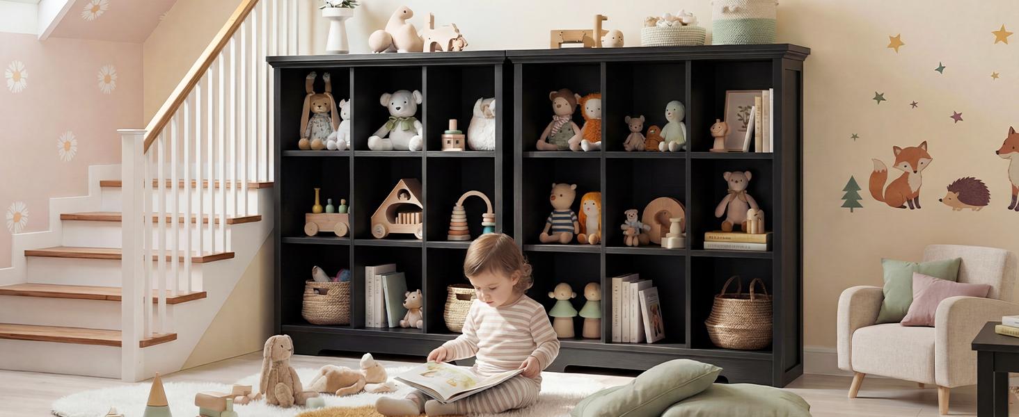 Wooden 9-Cube Storage Organizer with Charging Ports, Modern Cube Bookcase with Base, 4-Tier Floor Standing Open Cubbies Bookshelf for Home and Office