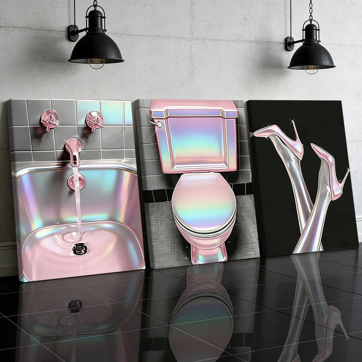3 Counts Wooden Framed Canvas Painting, Pink Metallic Bathroom And High Heels Images, Exquisite Poster, Decorative Artwork, Perfect Gift, Decor For Living Room, Bedthroom, Modern Art, Fashion Family Poster, Wall Art Decoration