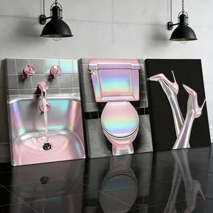 3 Counts Wooden Framed Canvas Painting, Pink Metallic Bathroom And High Heels Images, Exquisite Poster, Perfect Gift, Decor For Living Room, Bedthroom, Modern Art, Fashion Family Poster, Wall Art Decoration