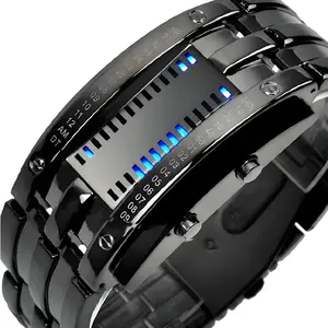 Men's Cool Binary Watch Stainless Steel LED Bracelet Style Fashion Blue Light Sports Watch Vacuum Plated