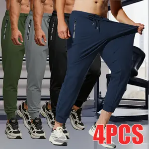 Set of 4 ice silk sports pants featuring a drawstring elastic waistband and zippered pockets. Lightweight, highly stretchy, quick-drying—ideal for indoor workouts and summer outdoor activities. Made from skin-friendly, smooth, soft fabric that’s breathabl