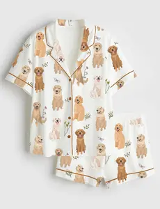Women’s Golden Retriever Cottagecore Print Short Sleeve Satin Pajama Set