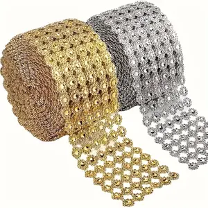 2 rolls Golden Sunflower Crystal Rhinestone Sparkle Mesh Ribbon, Plastic Decorative Ribbon for Wedding, Engagement, Anniversary, Party Supplies, Home Room Scene Decor