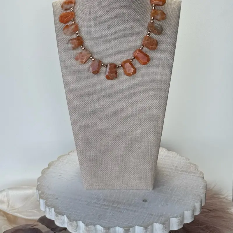 Chunky Sunstone Faceted Necklaces with Natural Orange Stones and Rose gold Beads for Women's Fashion Jewelry