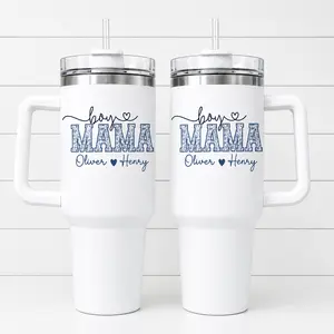 40oz Stainless Steel Insulated Water Bottle Set - Portable Kitchenware Drinkware with Handle, Lid, Personalized Boy Mama Tumbler with Custom Kids Names, Birthday & Mother's Day Gift for Mom, Insulation