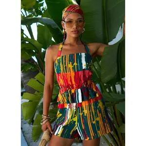Nanjala Women's African Print Smocked Romper (Forest Paint Splatter)