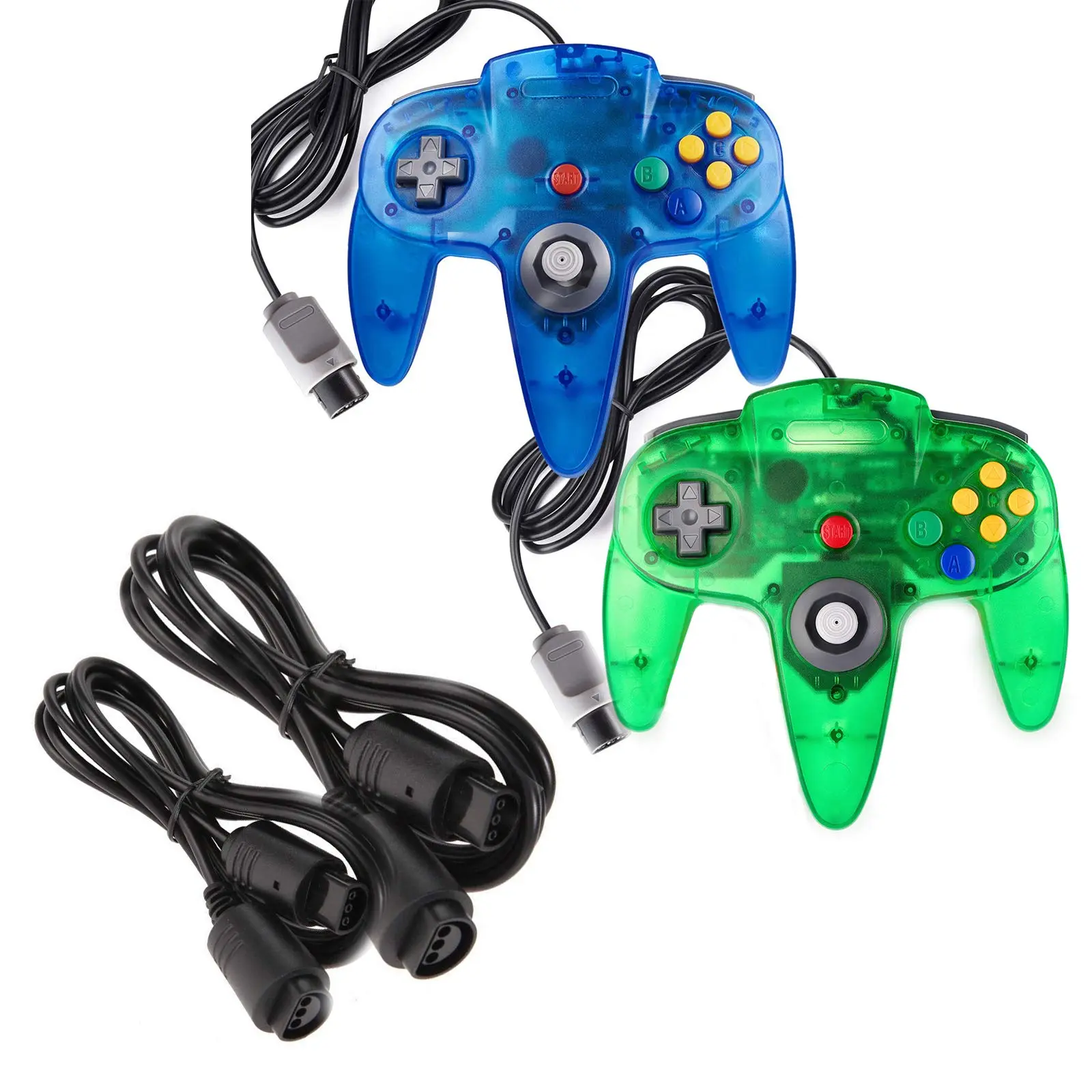 2 Pack Classic N64 Controllers (jungle Green/blue) Bundle With 6ft Controller Extension Cable