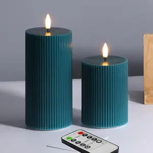 Teal Ribbed Flameless Pillar Candles with Remote, 2 Pack Flickering  Operated LED Wax Candles  3" H 4" 6"