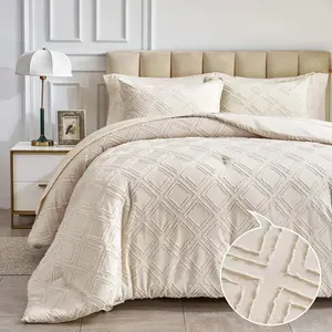 7 count Tufted Bed in a Bag  Comforter Set with Sheets Beige, Soft and Embroidery Shabby Chic Boho Bohemian, Luxury Solid Color with  , Jacquard Tufts Bedding Set for  Season
