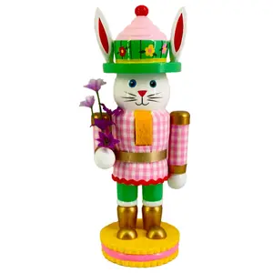 Chubby Bunny Nutcracker – 8‑Inch Plaid & Garden Hat Spring Décor & Gift Piece