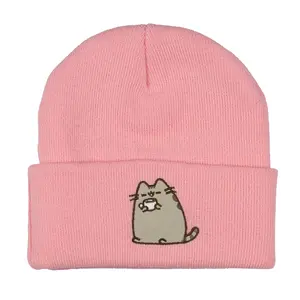 Pusheen Beanie Embroidered Tabby Cat Patch Design Fold Cuff Knit Hat Skull Cap OSFM for Women