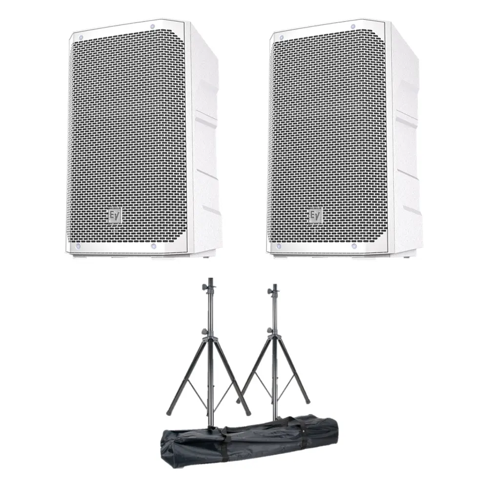 Set of 2x Electro-Voice EV ELX200 10″ white powered speaker w/ Speaker Stand Pair