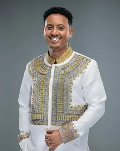 Ethiopian Men’s Shirt – Habesha Men Cultural Shirt, White with Gold Embroidery