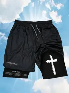 Men's Street Fashion Cross Print Knit Drawstring Shorts，2-in-1 Athletic Shorts，Perfect for Gym, Basketball & Beach Outings, Cross, Active Drawstring Gymclothes