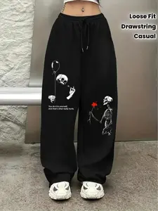 Women's Skeleton Print Wide Leg Pants, Casual Fashion Pants, Casual Hip-Hop Streetwear, Drawstring Waist, Loose Fit, All Seasons, Bold Graphic Design