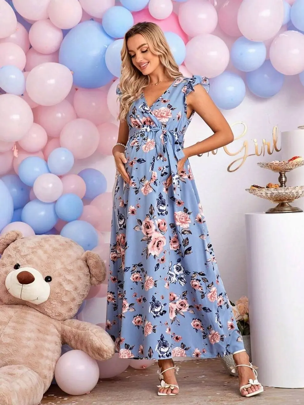 Elegant Floral Sleeveless Maternity Dress, Stretchy Pregnancy Outfit for Baby Shower Photoshoots
