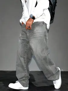 Men's Straight Leg Denim Jeans, Street Style Loose-Fit Casual Pants, All Season Fashionable High-Street Long Trousers, Relaxed Fit Jeans