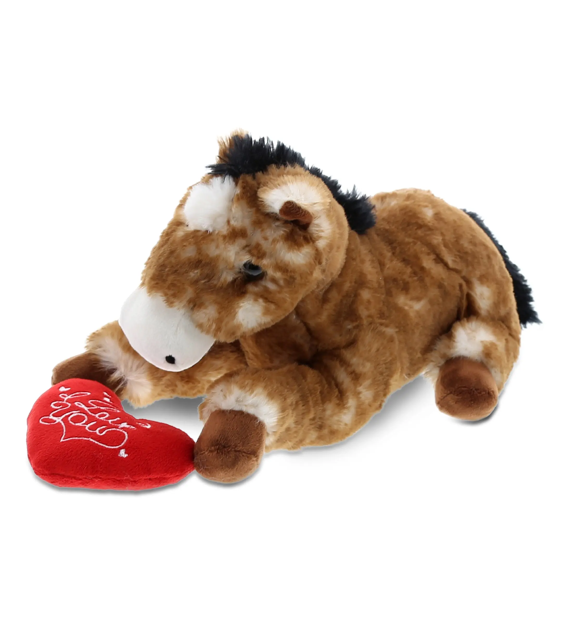 DOLLIBU Soft Adorable Stuffed Lying Brown Horse Doll - Polyester Cute Collectibles Animal Mascot Toy with Red "I Love You" Heart, 7x3.5x0.2in, Romantic Anniversary Gift for Kids, Ideal for Pretend Play, Animal Mascot Stuffed Toys