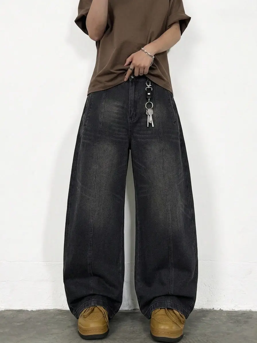 Spring To Summer Zipper Fly Wide Leg Jeans High Waist Loose Denim Long Pants with Pocket
