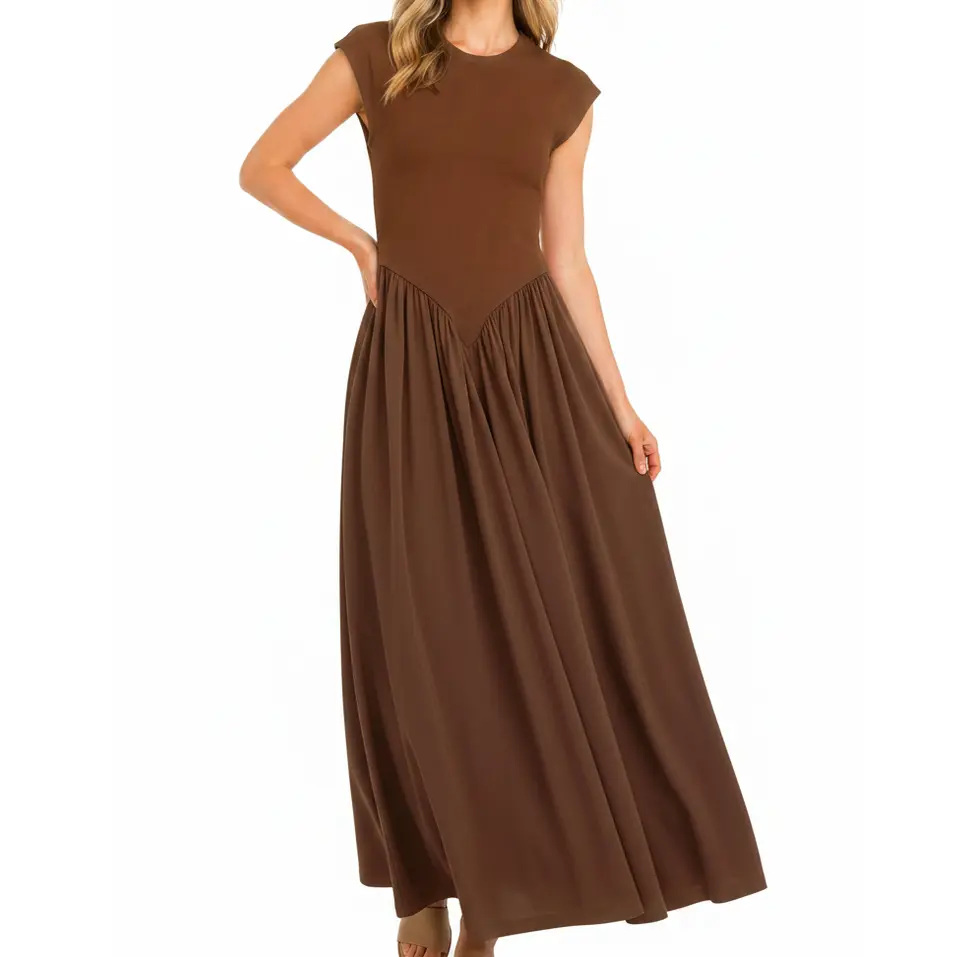 Chouyatou Women's Spliced Cap-Sleeve A-Line Maxi Dress - Elegant, Basic, Everyday Flowy Casual Sleeveless-Optional Long Dress, Elegance