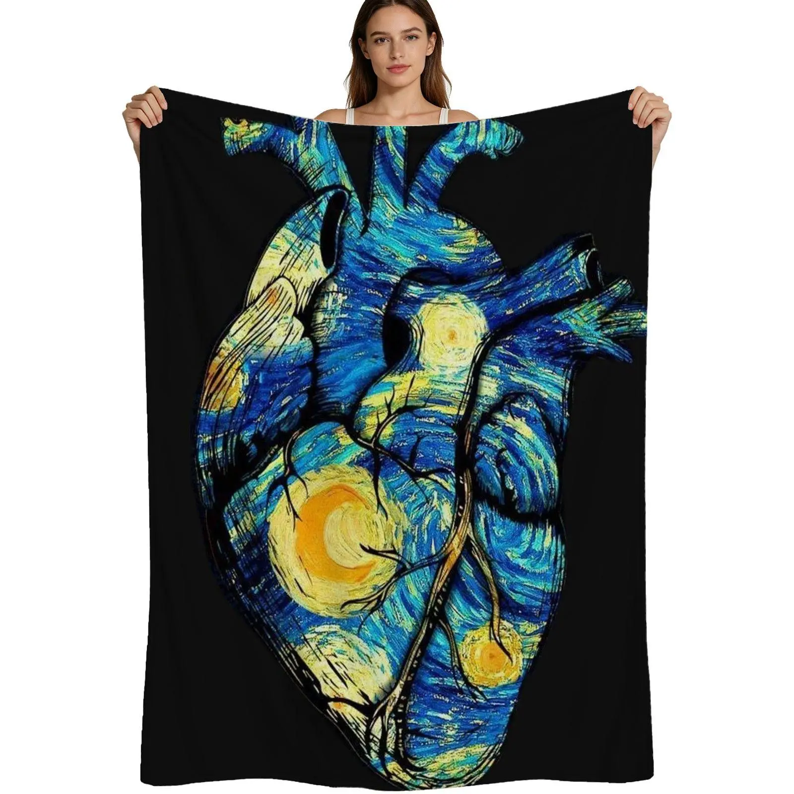Van Gogh Style, Warm Flannel Blanket, Starry Night Anatomical Heart Design, Soft Brushed Fabric Texture, Art Lovers Bedroom Decor, 4 Sizes Available Single Pack