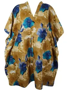 Womens Beach Coverup Kaftan Green Blue Midi Caftan Resort Wear Cotton Dress L-2X