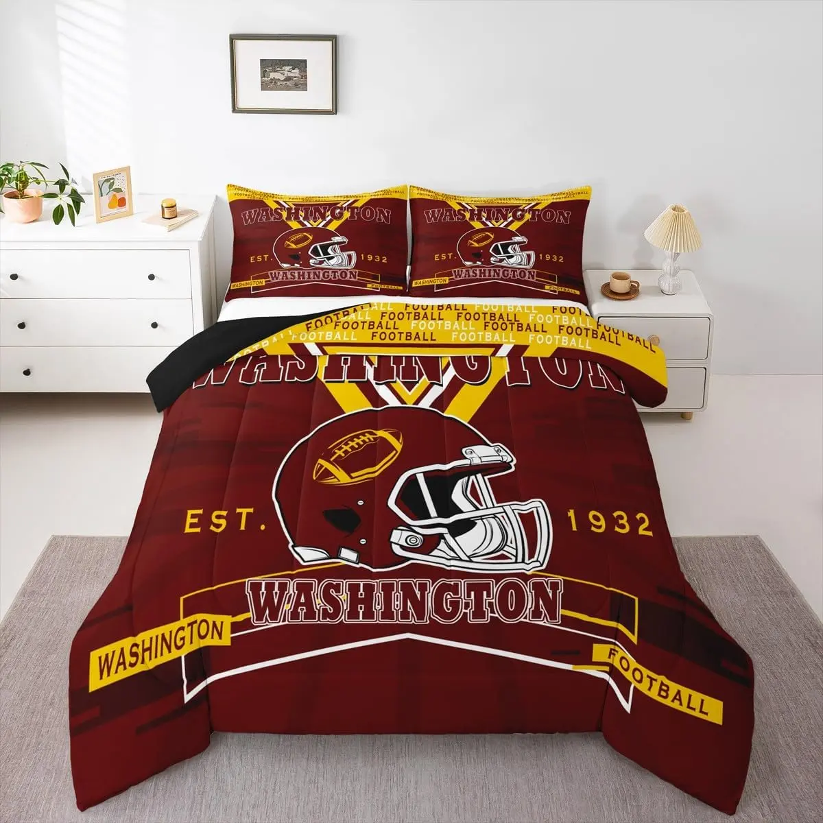 Feelyou Rugby-Inspired Microfiber Quilt Bedding Set - Reversible Washington City Football Comforter, Breathable All-Seasons Warm Soft Textile Bedding Furnishing Decor