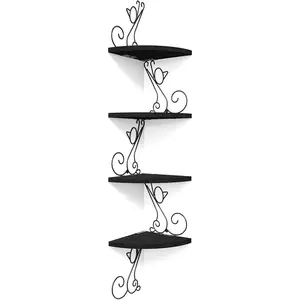Corner Shelves - Wall Mounted Floating  Shelf, 4 Tier Rustic Storage Shelf,  Shaped Shelving for Wall, Solid Wooden Decor for Living Room, Bedroom, Kitchen (Black)