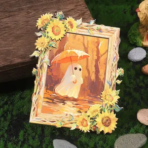 Cute Ghost Sunflower Refrigerator Magnet with Umbrella, Mini Frame Sticker, Cozy Rainforest Scene, Perfect Gift for Autumn Lovers