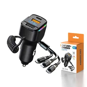 USB C Car Charger 3-Port Fast Car Charger PD3.0 & QC3.0 with LED Digital Display Cigarette Lighter Fast Charging Adapter Compatible with iPhone Android with Coiled Cable