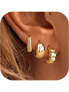 3Pairs Small Hoop Earrings for Women Hypoallergenic 14K Gold Plated Twisted Huggie Hoop Earring Trendy Thick Open Chunky Hoop Earring Stacks for Multiple Piercing Lightweight Earrings Jewelry