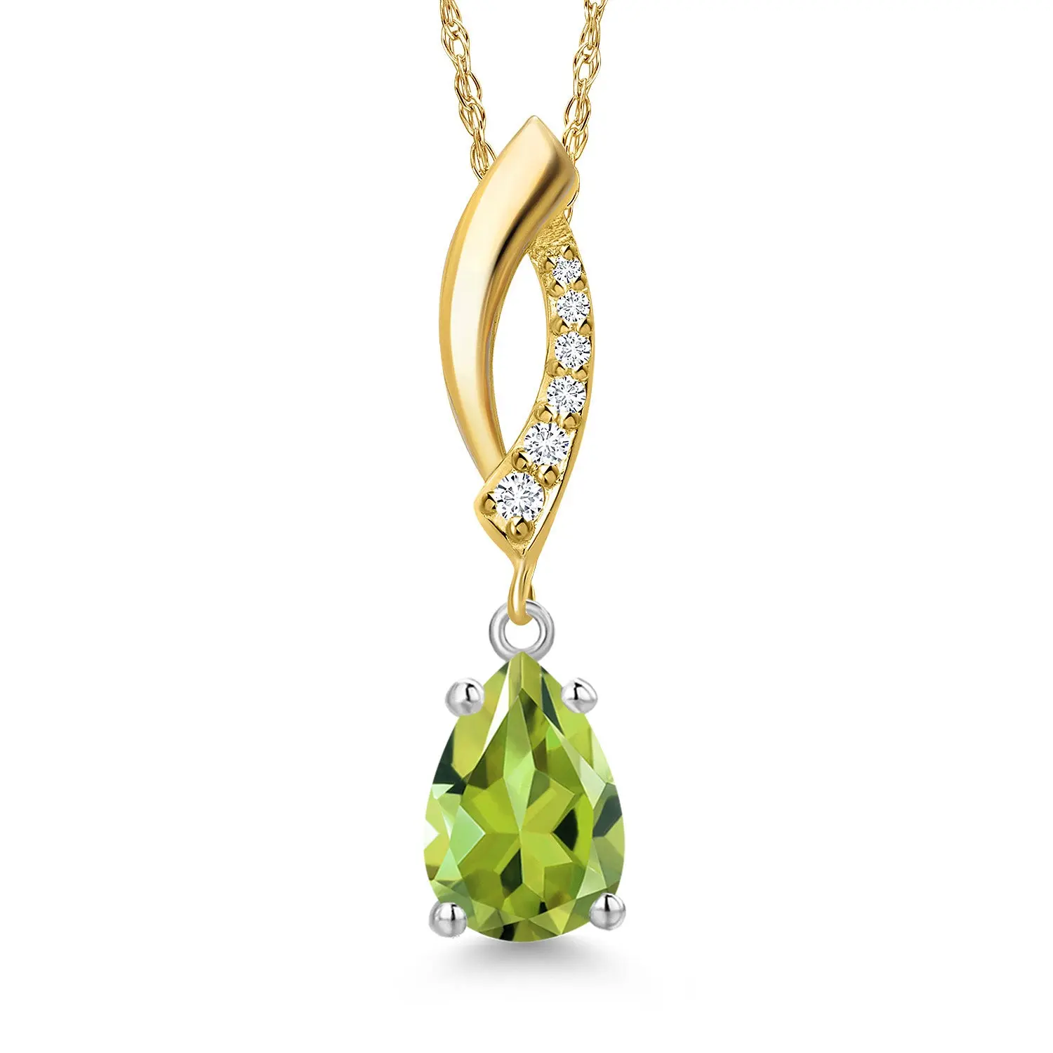 Gem Stone King 14K Two Tone Gold Green Peridot and Lab Grown Diamond Pendant Necklace for Women | 0.95 Cttw | Gemstone August Birthstone | Pear Shape 8X5MM | With 18 Inch Chain