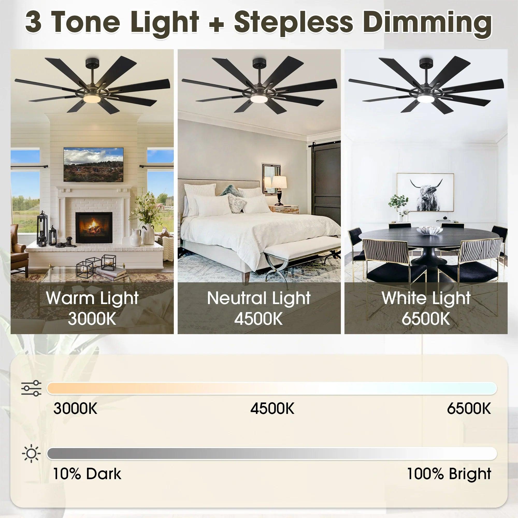 60/72 Inch Windmill Style Ceiling Fan Downrod Mount LED Light with APP & Remote Control