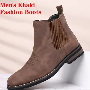 Autumn New Western Cowboy Work Boots, Men Square Toe Chelsea Ankle Boots Retro Casual Comfort Versatile Khaki Shoes