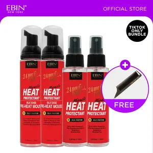EBIN 24 Hour Tamer Pre-Heat Mousse + Heat Protectant Spray Bundle with FREE comb | Silk press, Frizz control, Smooth, Shine