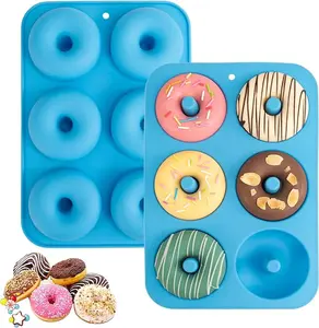 Silicone Donut Mold for 6 Doughnuts, Set of 2. Food Grade LFGB Silicone Bagels Baking Pan, Non-Stick, Dishwasher Safe, Heat Resistant and Microwave Safe(Blue)