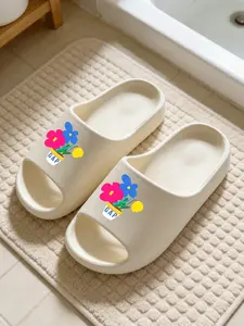 1 Pair Black GAP Colorful Flower Illustration Slides Fresh Sweet Cool Style Solve Bathroom Slipping Sweaty Feet And Foot Odor Problems Anti-slip Quick-drying Ultra-soft Cushioned Wear-resistant EVA Thick Sole Ladies Slippers For Home And Bathroom