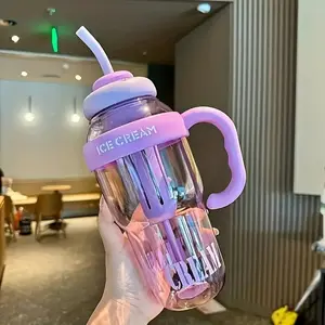 1200ML Large Capacity Plastic Water Bottle with Handle and Straw, Portable Sports Flask, Leak-Proof, Durable PC Material