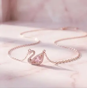 Pink Crystal Swan Necklace in Rose Gold, Romantic Swan Pendant Gift
