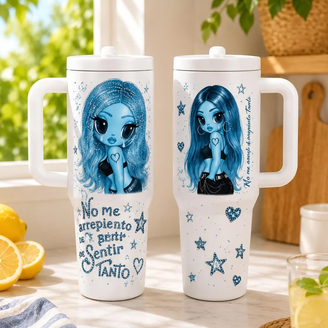 No Me Arrepiento Tumbler 40Oz with Handle, Slip Straw Tumbler with Lid, Insulated Travel Cup, Blue Girl Design Gift for Women