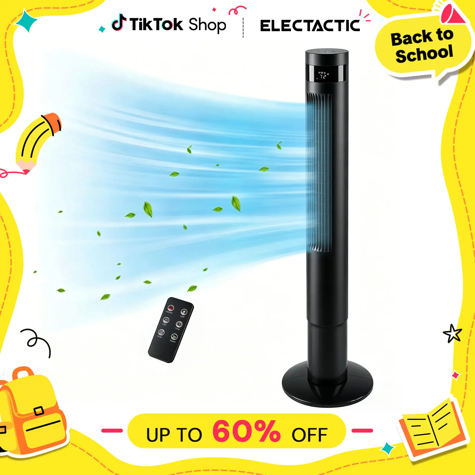 【BackToSchool】Electactic 43-in Compact Automatic Portable Tower Fan, Quiet Cooling Fan with Built-in Remote Control, 12-Hour Timer, 85° Wide Angle Oscillation, Automatic Power Off for Home Office Bedroom, Fan For Bedroom, Cooling Fans